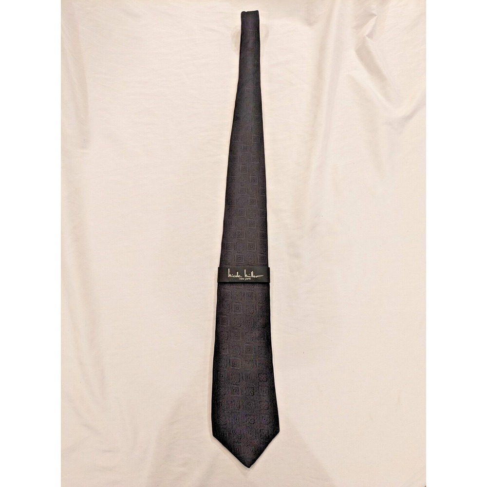 Nicole Miller New York NWT Black Geometric Square Pattern Silk Tie 3.25"x58"
